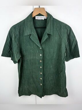 Vintage 100% Silk Short Sleeve Button Down Blouse Top Pine Forest Green Coquette